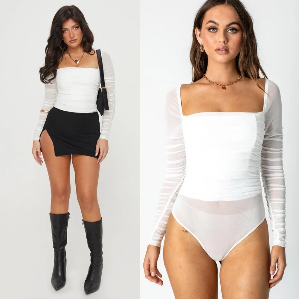 Princess Polly Delaney White Shirred Body Sheer Long Sleeve Bodysuit